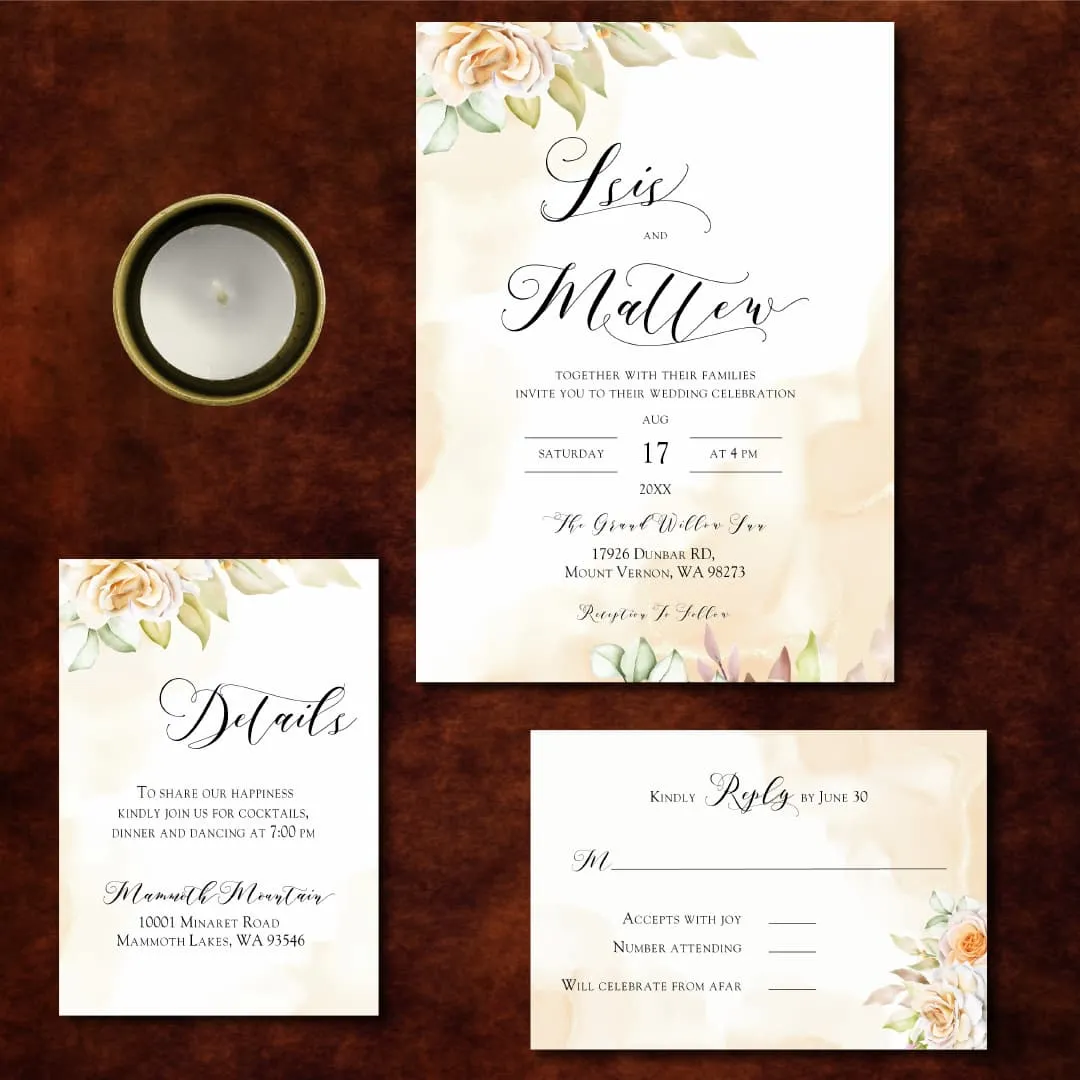 AP Printing - Watercolor Gold Wedding Invitations Elegant Flowers - Custom Printing Services