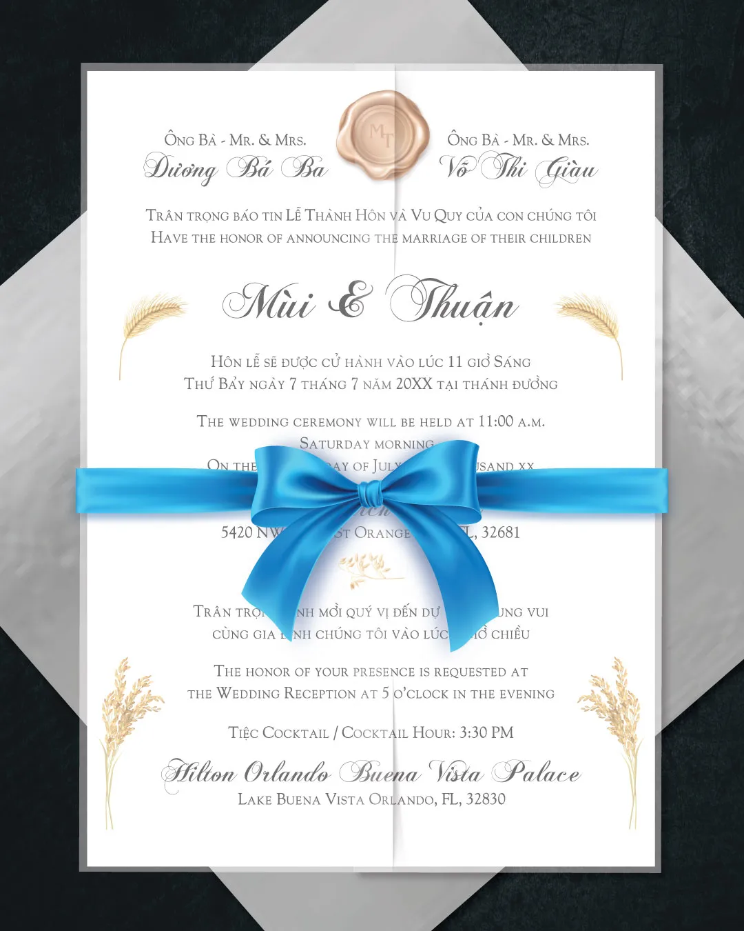 AP Printing - Wheat Leaves Vellum Wrapped Vietnamese & English Wedding Invitation - Custom Printing Services