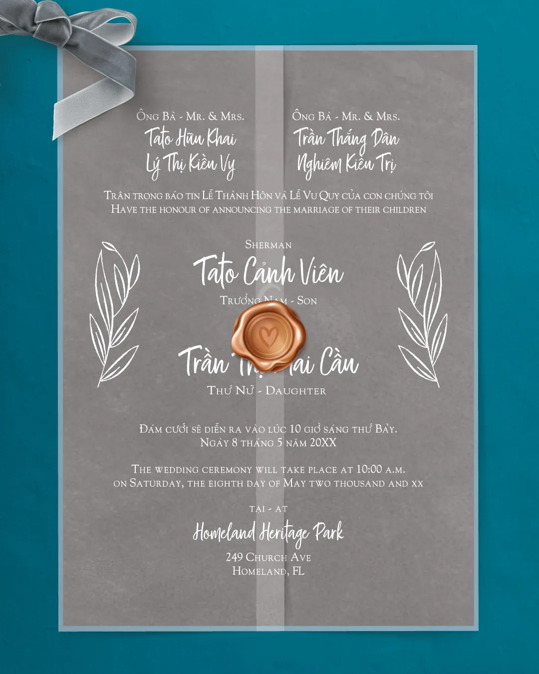 Vintage Vellum Wrapped Vietnamese & English Wedding Invitation AP Printing - Vintage Vellum Wrapped Vietnamese & English Wedding Invitation - Custom Printing Services