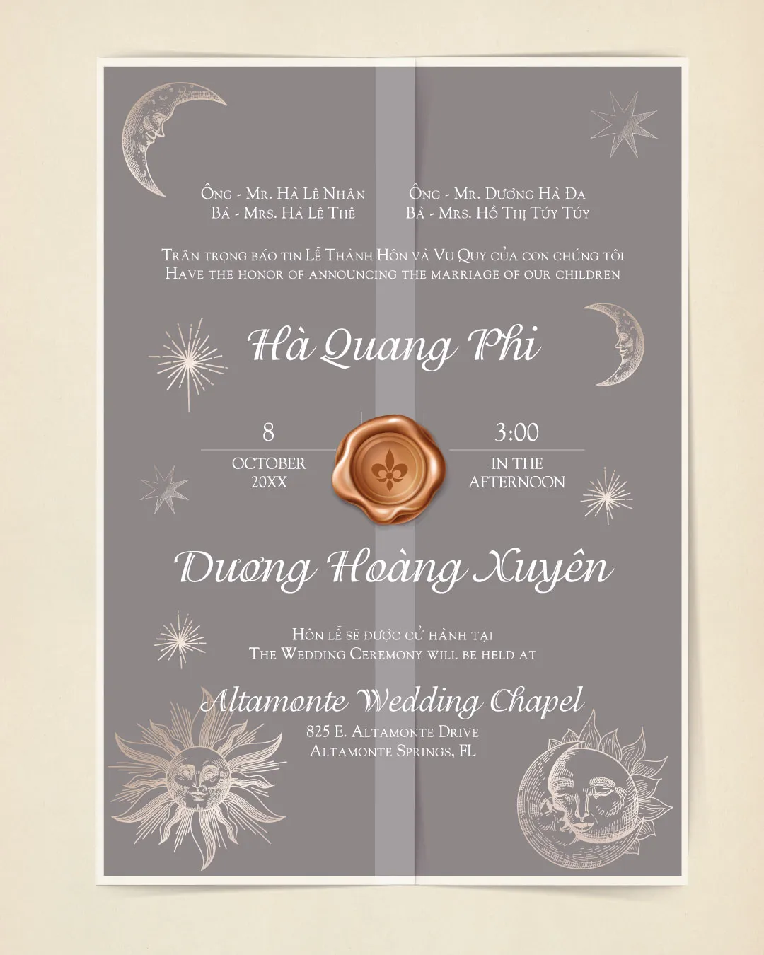 Vintage Celestial Sky Vellum Wrapped Vietnamese & English Wedding Invitation AP Printing - Vintage Celestial Sky Vellum Wrapped Vietnamese & English Wedding Invitation - Custom Printing Services