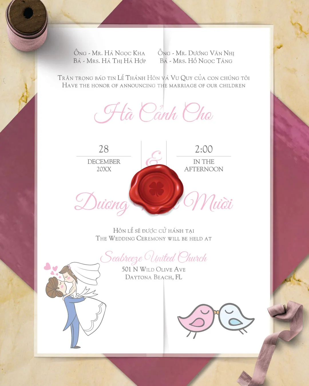 AP Printing - Hand Drawn Newlywed Vellum Wrapped Vietnamese & English Wedding Invitation - Custom Printing Services