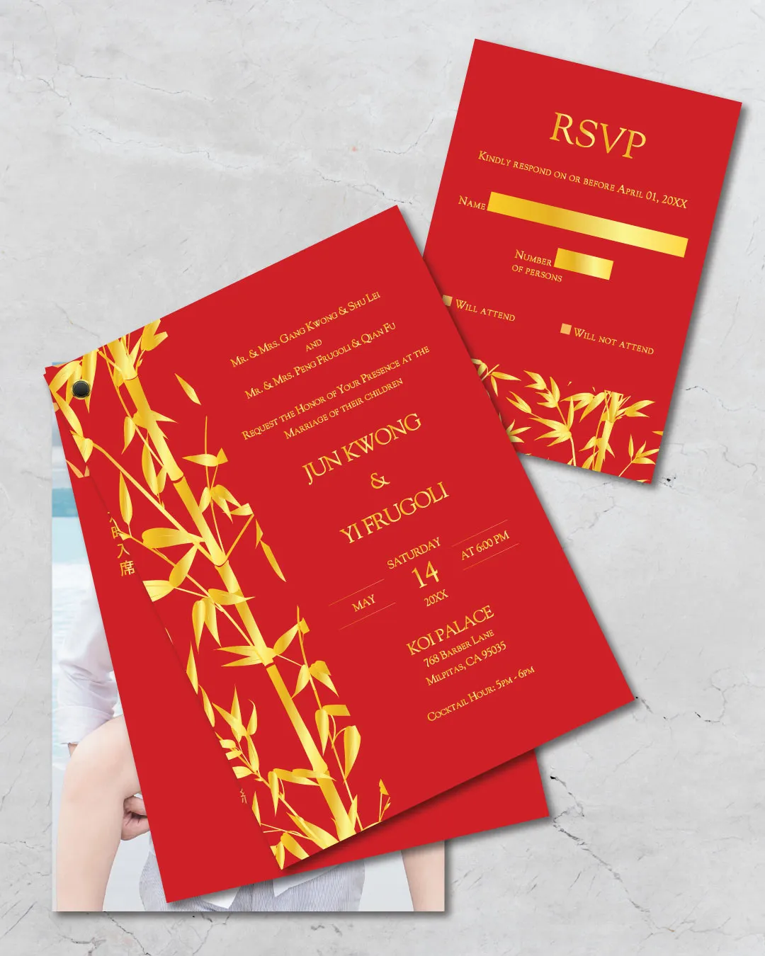Shiny Golden Bamboo Foil Wedding Invitation AP Printing - Shiny Golden Bamboo Foil Wedding Invitation - Custom Printing Services