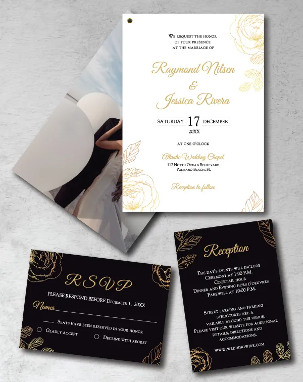 Golden Floral Design Foil Wedding Invitation AP Printing - Golden Floral Design Foil Wedding Invitation - Custom Printing Services