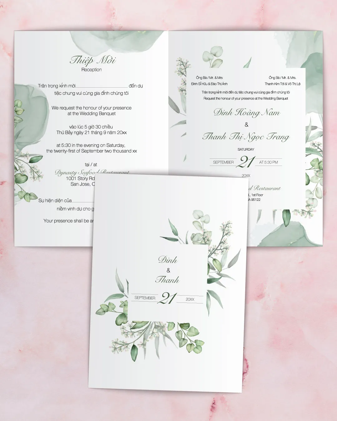 Forest Green Leaves Half Fold Vietnamese & English Wedding Invitation AP Printing - Forest Green Leaves Half Fold Vietnamese & English Wedding Invitation - Custom Printing Services