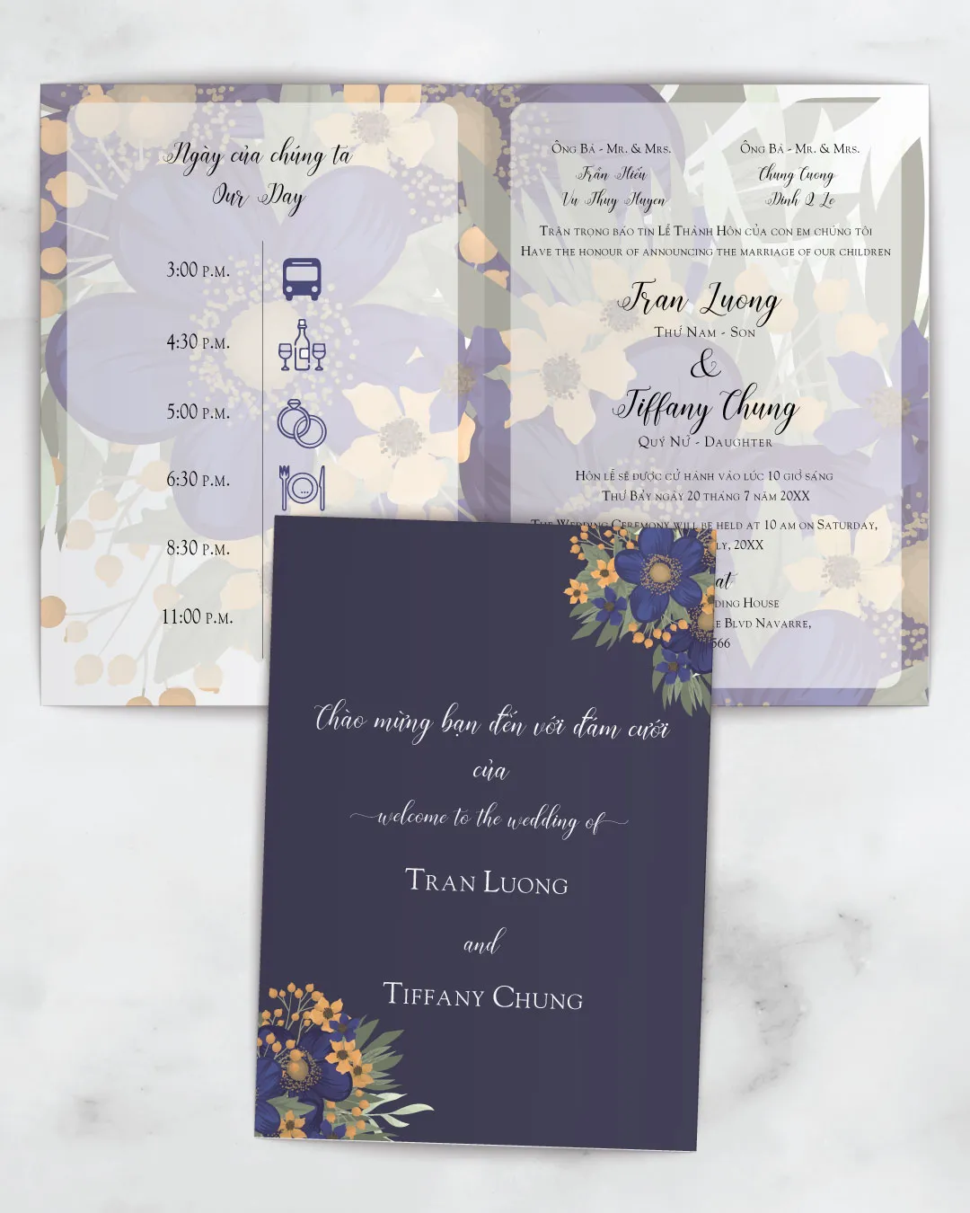 Blue And Yellow Flowers Half Fold Vietnamese & English Wedding Invitation AP Printing - Blue And Yellow Flowers Half Fold Vietnamese & English Wedding Invitation - Custom Printing Services