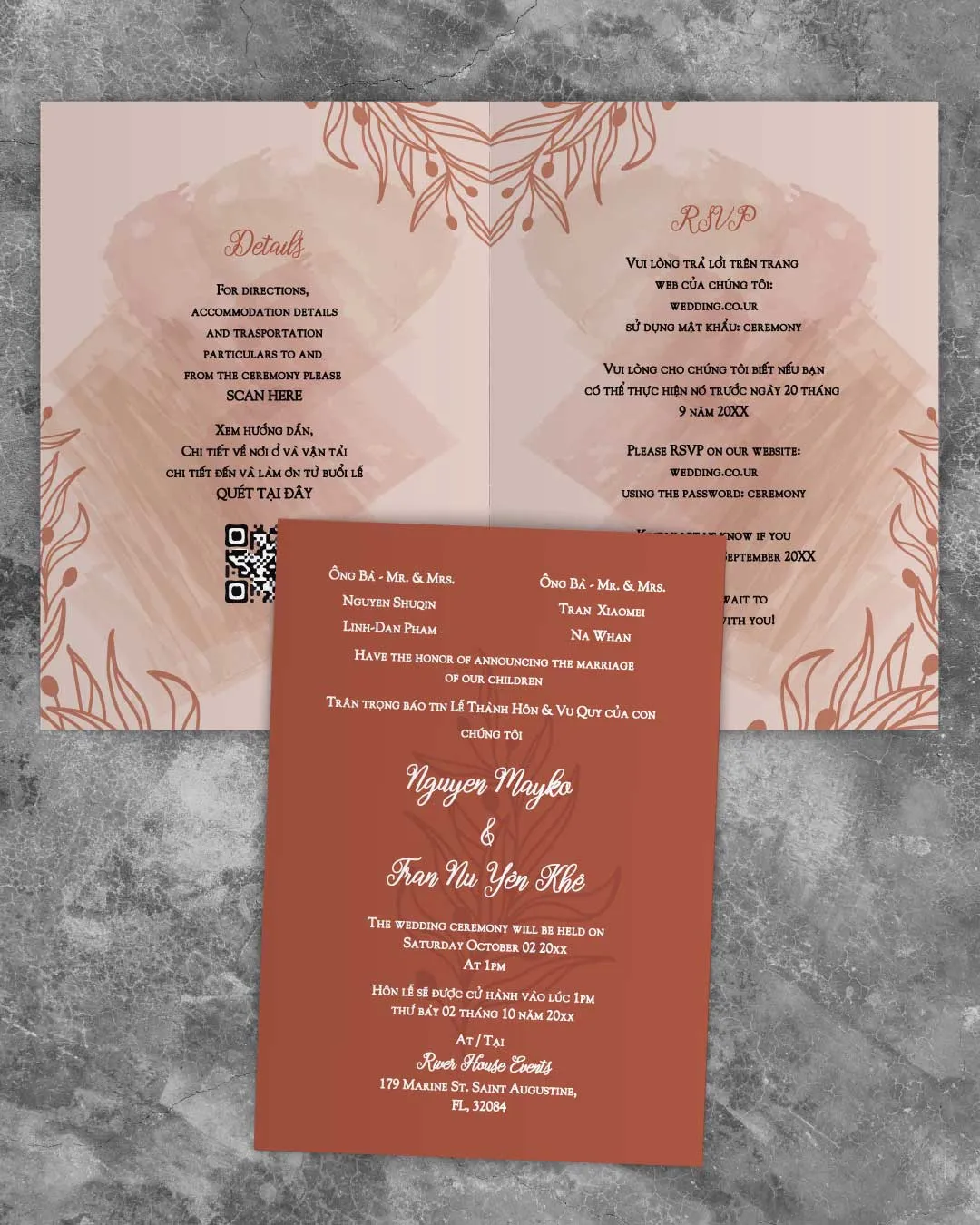 Rough Peach Brushstrokes Half Fold Vietnamese & English Wedding Invitation AP Printing - Rough Peach Brushstrokes Half Fold Vietnamese & English Wedding Invitation - Custom Printing Services