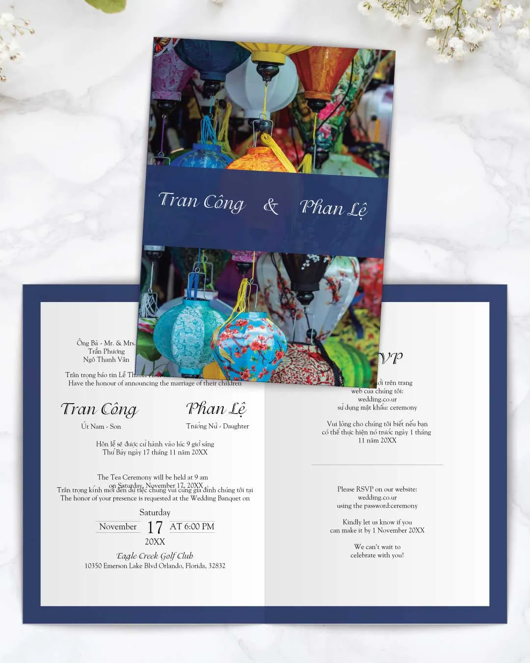 AP Printing - Hanging Festive Lanterns Half Fold Vietnamese & English Wedding Invitation - Custom Printing Services