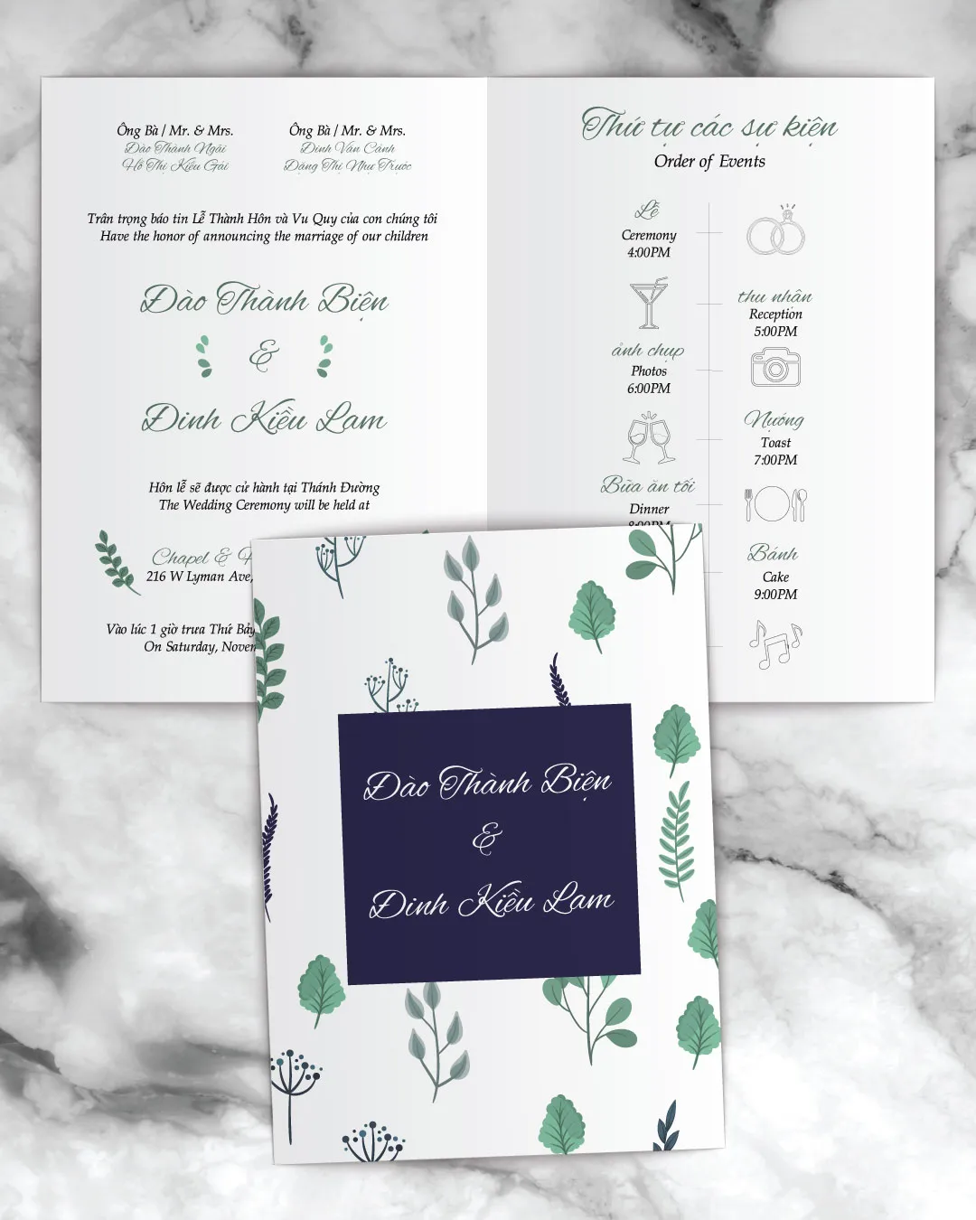 Minimalistic Leaves And Trees Half Fold Vietnamese & English Wedding Invitation AP Printing - Minimalistic Leaves And Trees Half Fold Vietnamese & English Wedding Invitation - Custom Printing Services