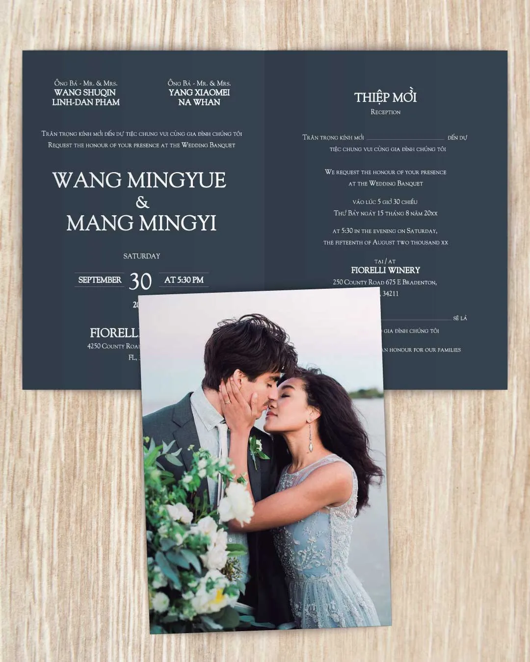 Deep Blue Invitation Half Fold Vietnamese & English Wedding Invitation AP Printing - Deep Blue Invitation Half Fold Vietnamese & English Wedding Invitation - Custom Printing Services