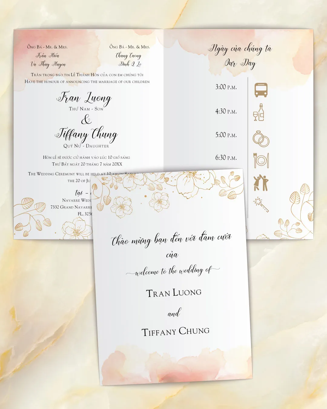 Peach Watercolor And Golden Half Fold Vietnamese & English Wedding Invitation AP Printing - Peach Watercolor And Golden Half Fold Vietnamese & English Wedding Invitation - Custom Printing Services
