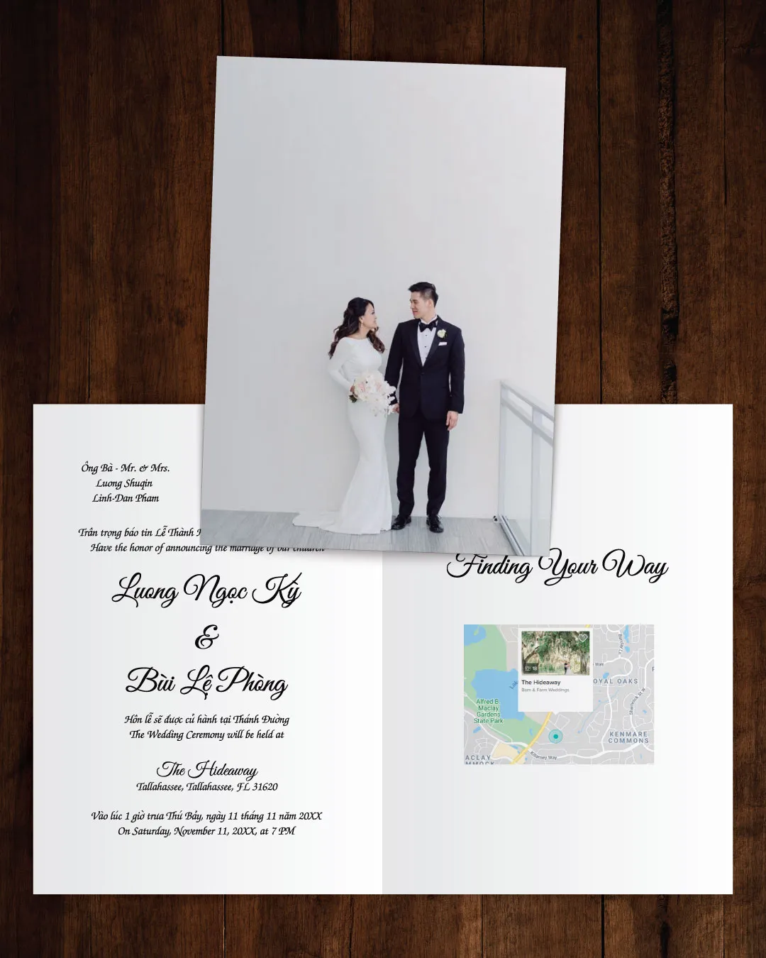 AP Printing - Simple Invitation With Map Half Fold Vietnamese & English Wedding Invitation - Custom Printing Services