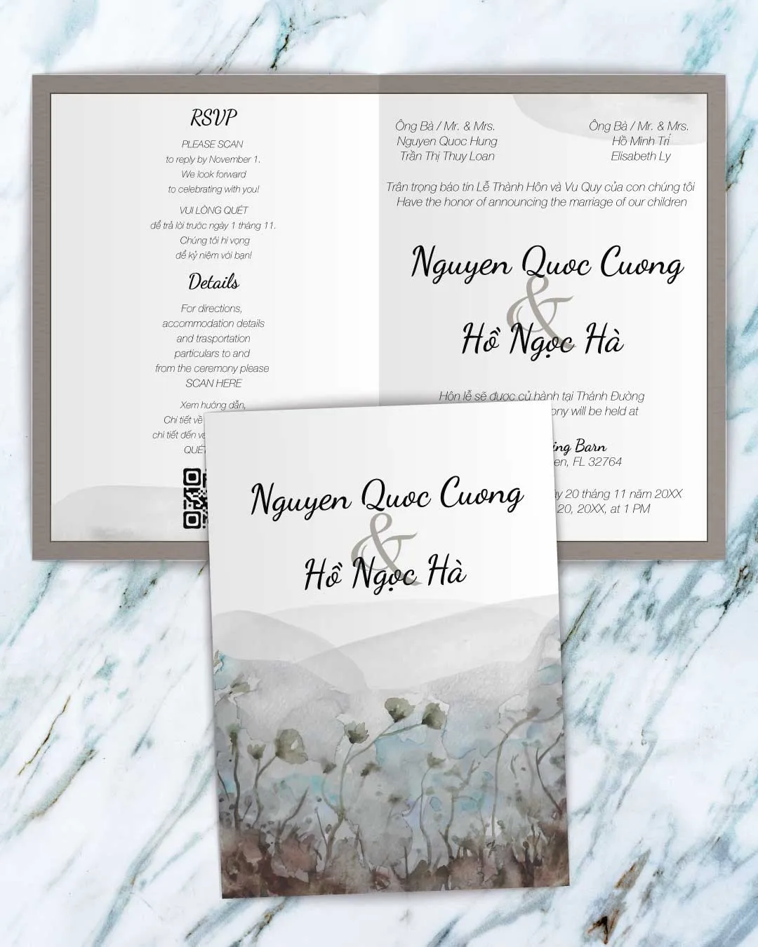 AP Printing - Dark Watercolor And Flowers Half Fold Vietnamese & English Wedding Invitation - Custom Printing Services
