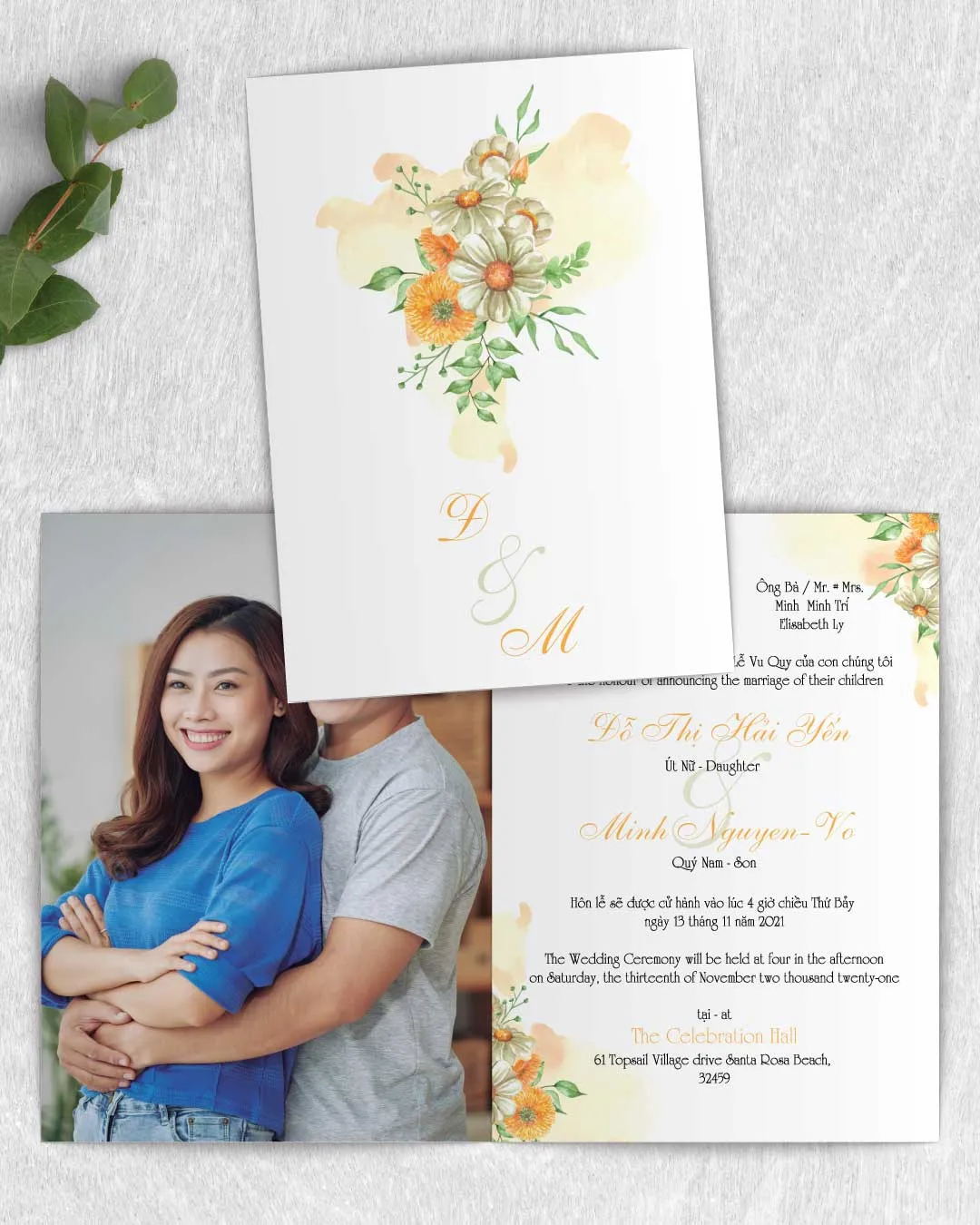AP Printing - Drawn Autumn Blooms Half Fold Vietnamese & English Wedding Invitation - Custom Printing Services