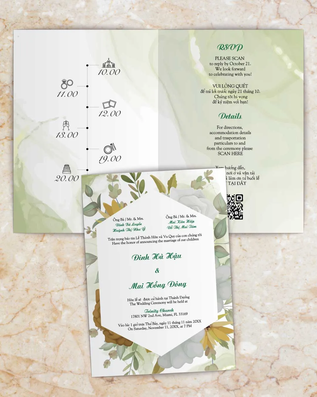 AP Printing - Gentle Autumn Blooms Half Fold Vietnamese & English Wedding Invitation - Custom Printing Services