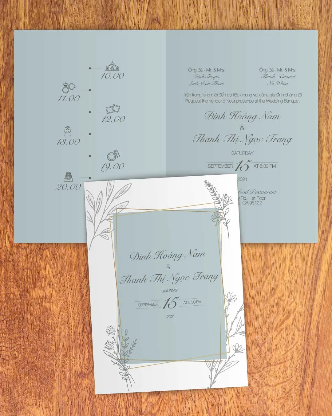 Dull Emerald Drawn Half Fold Vietnamese & English Wedding Invitation AP Printing - Dull Emerald Drawn Half Fold Vietnamese & English Wedding Invitation - Custom Printing Services