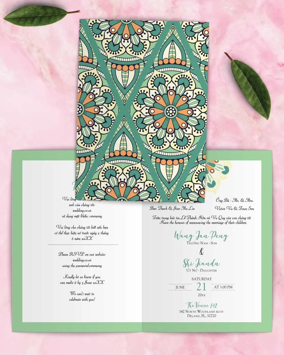 AP Printing - Bright Mosaic Pattern Half Fold Vietnamese & English Wedding Invitation - Custom Printing Services