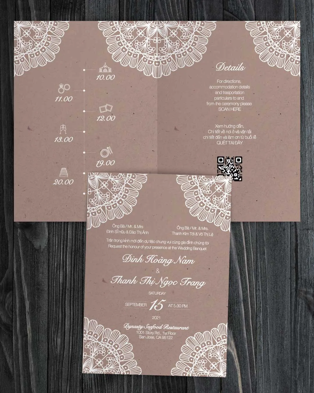 Intricate White Mandala Half Fold Vietnamese & English Wedding Invitation AP Printing - Intricate White Mandala Half Fold Vietnamese & English Wedding Invitation - Custom Printing Services