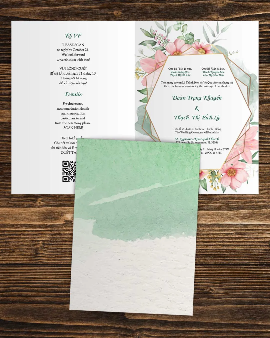 Detailed Pink Spring Half Fold Vietnamese & English Wedding Invitation AP Printing - Detailed Pink Spring Half Fold Vietnamese & English Wedding Invitation - Custom Printing Services