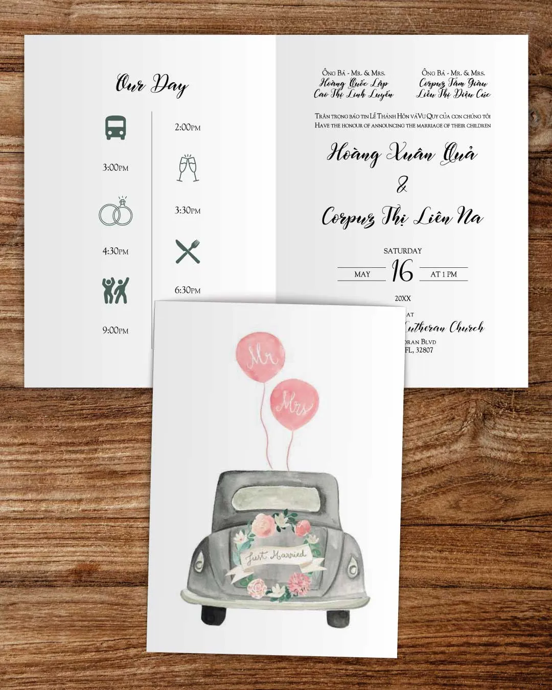 AP Printing - Dark Green Writing Half Fold Vietnamese & English Wedding Invitation - Custom Printing Services