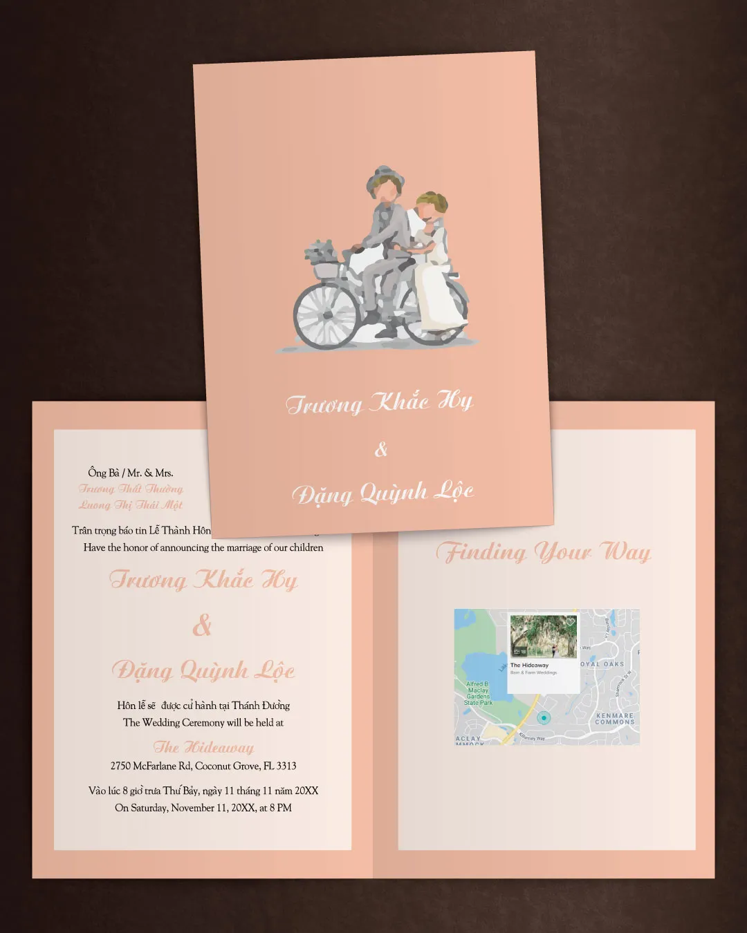 Cute Couple On A Bike Half Fold Vietnamese & English Wedding Invitation AP Printing - Cute Couple On A Bike Half Fold Vietnamese & English Wedding Invitation - Custom Printing Services