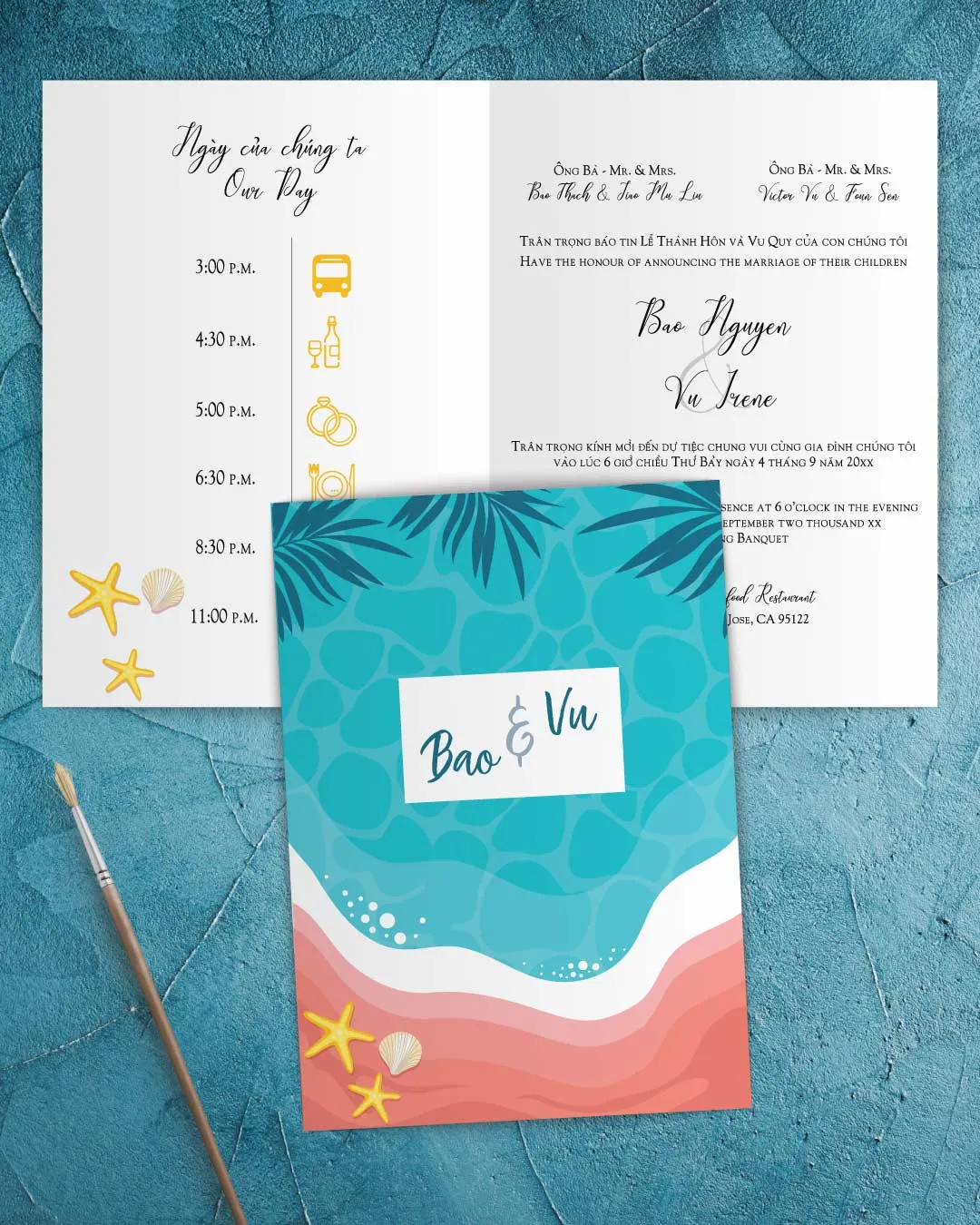 Saturated Summer Beach Half Fold Vietnamese & English Wedding Invitation AP Printing - Saturated Summer Beach Half Fold Vietnamese & English Wedding Invitation - Custom Printing Services