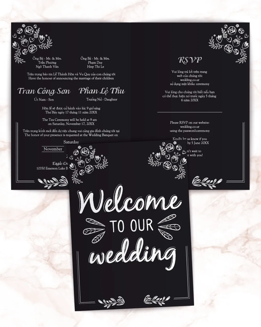 AP Printing - Chalk Writing Half Fold Vietnamese & English Wedding Invitation - Custom Printing Services