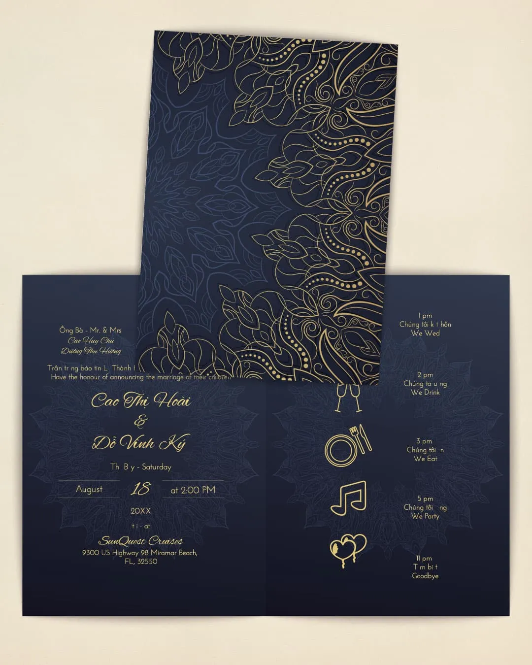 AP Printing - Luxurious Golden Motif Half Fold Vietnamese & English Wedding Invitation - Custom Printing Services