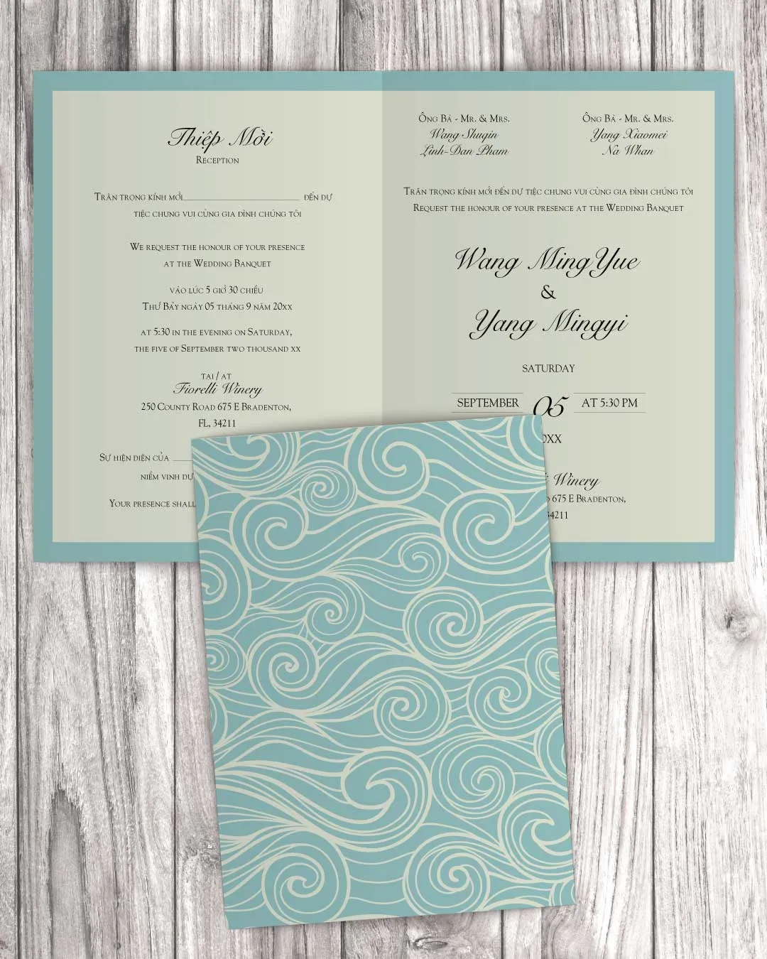 AP Printing - Teal With Gusts Of Wind Half Fold Vietnamese & English Wedding Invitation - Custom Printing Services