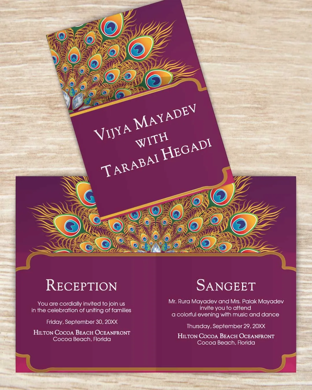AP Printing - Extravagant Peacock Feathers Half Fold Wedding Invitation - Custom Printing Services