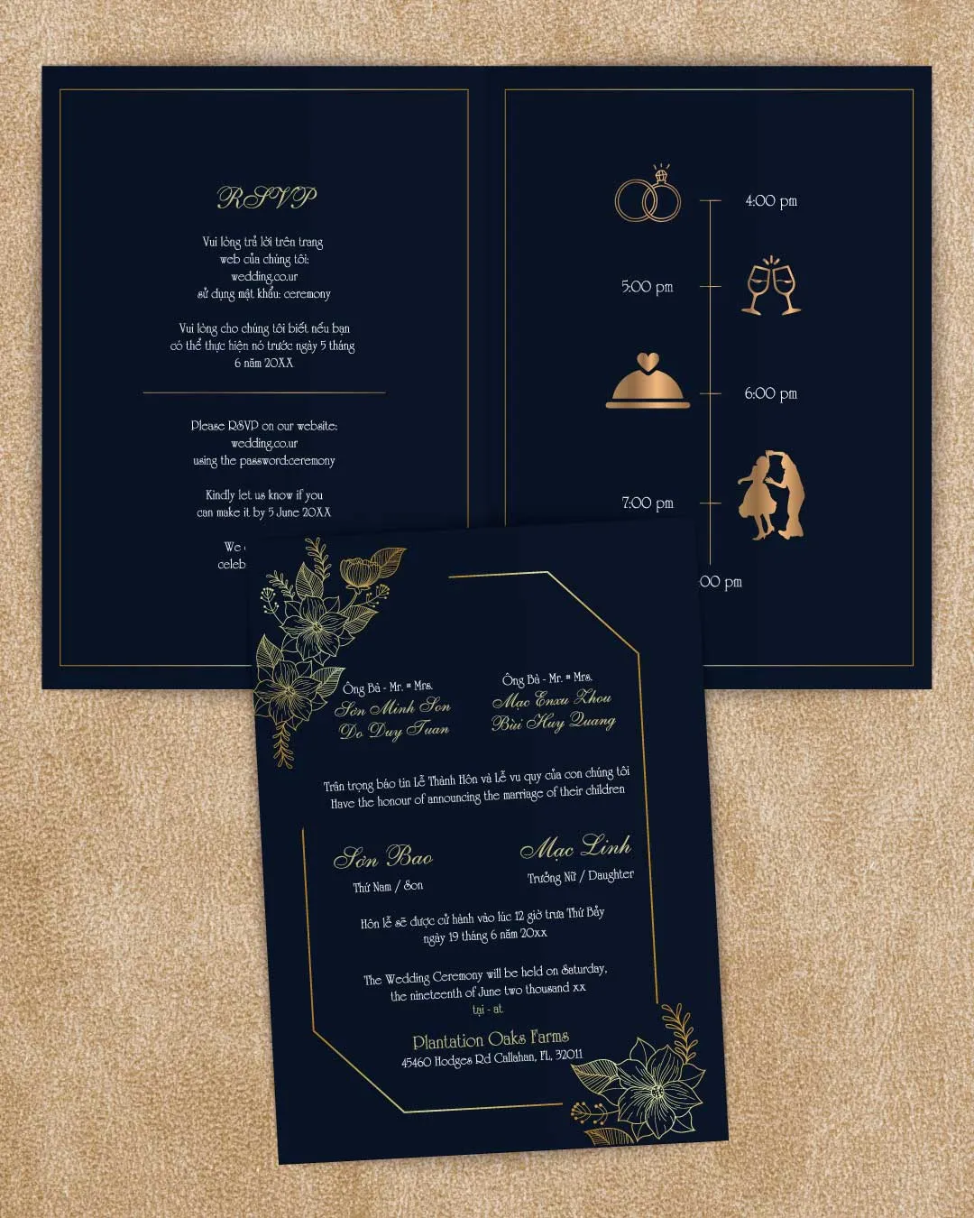 AP Printing - Golden Wreath Half Fold Vietnamese & English Wedding Invitation - Custom Printing Services
