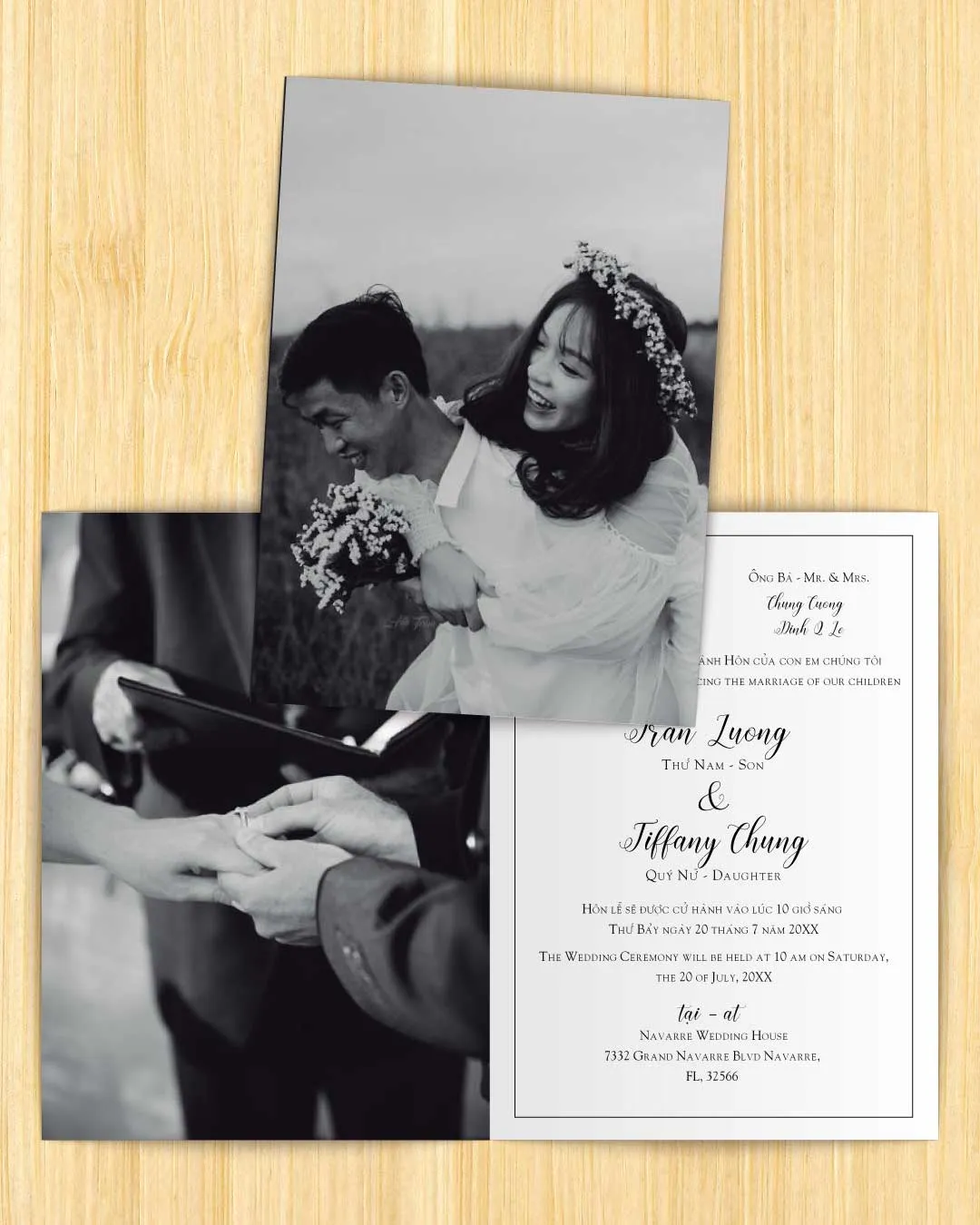 Simple Design With Photo Half Fold Vietnamese & English Wedding Invitation AP Printing - Simple Design With Photo Half Fold Vietnamese & English Wedding Invitation - Custom Printing Services