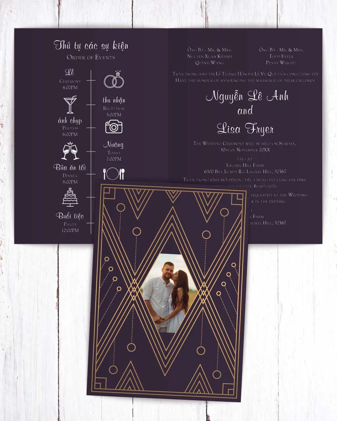 Purple With Golden Pattern Half Fold Vietnamese & English Wedding Invitation AP Printing - Purple With Golden Pattern Half Fold Vietnamese & English Wedding Invitation - Custom Printing Services