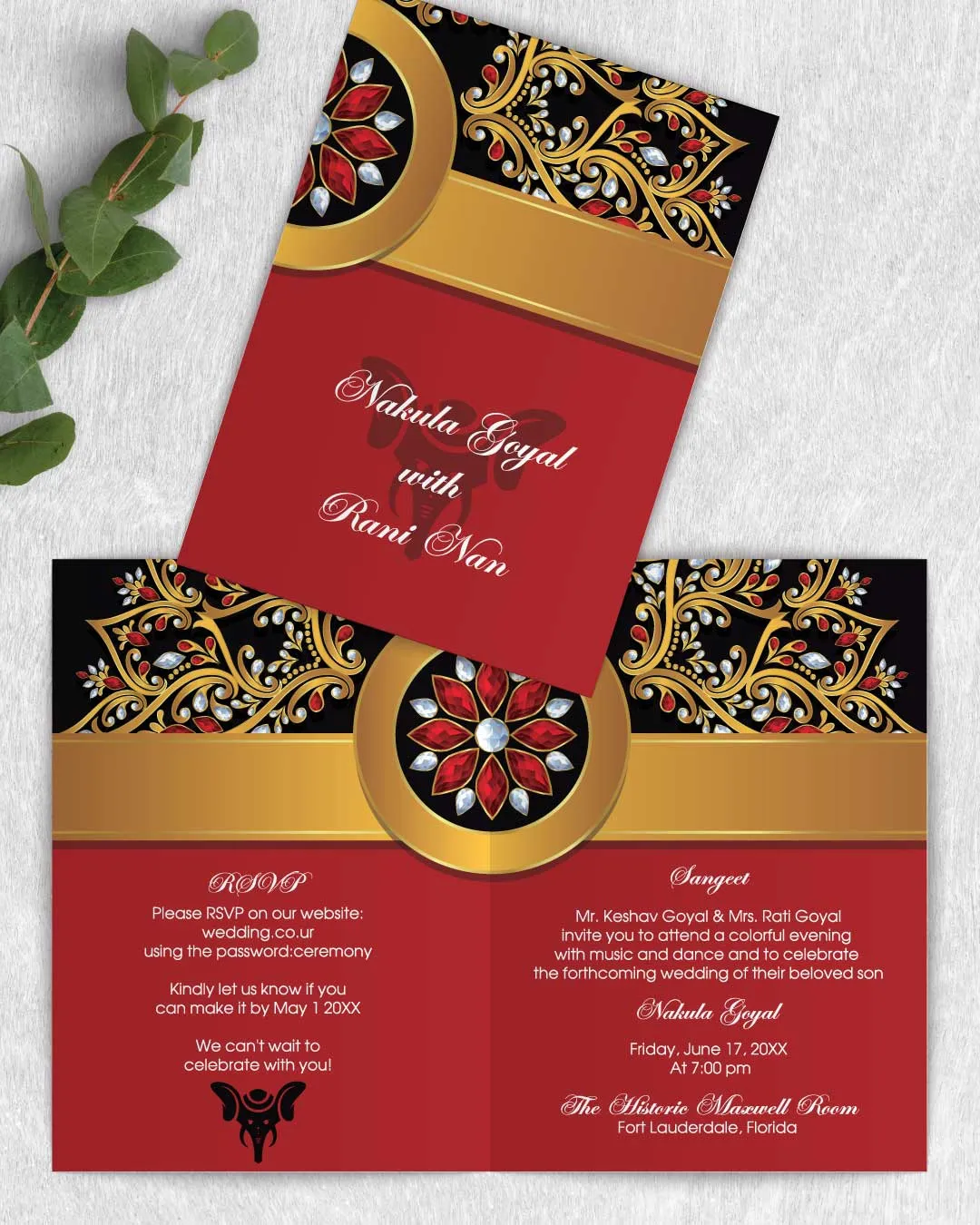 Elegantly Jeweled Golden Half Fold Wedding Invitation AP Printing - Elegantly Jeweled Golden Half Fold Wedding Invitation - Custom Printing Services