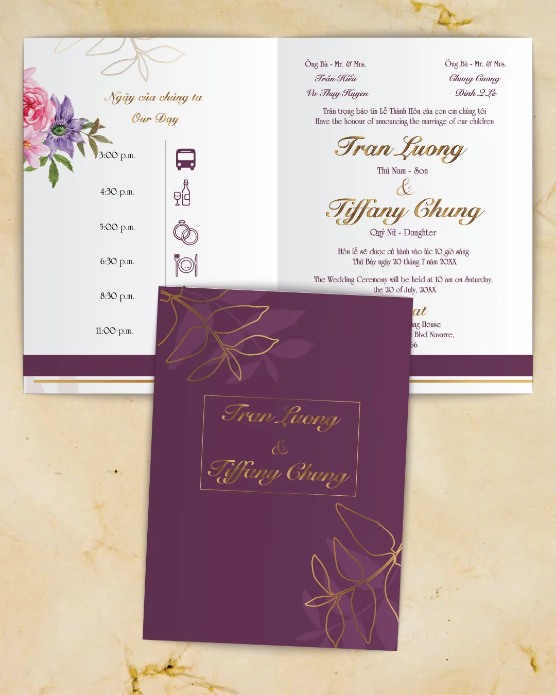 Purple With Golden Accents Half Fold Vietnamese & English Wedding Invitation AP Printing - Purple With Golden Accents Half Fold Vietnamese & English Wedding Invitation - Custom Printing Services