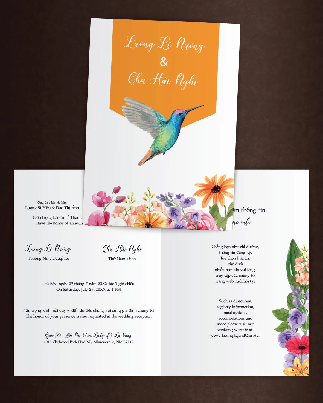 AP Printing - Drawn Humming Bird Half Fold Vietnamese & English Wedding Invitation - Custom Printing Services