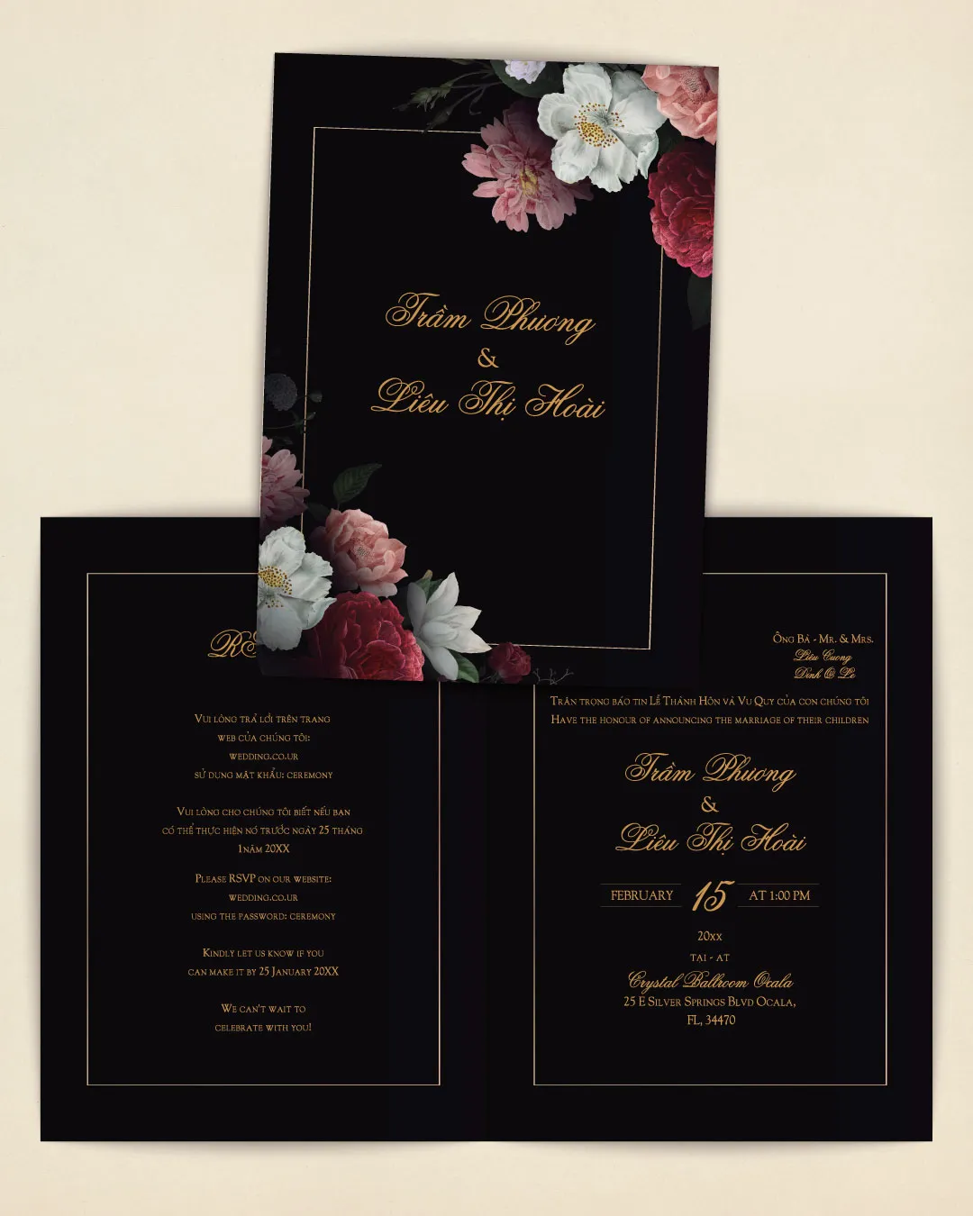 AP Printing - Realistic Shaded Flower Half Fold Vietnamese & English Wedding Invitation - Custom Printing Services