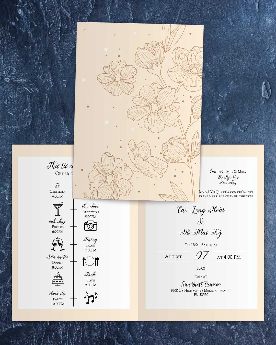 AP Printing - Pretty Golden Floral Half Fold Vietnamese & English Wedding Invitation - Custom Printing Services
