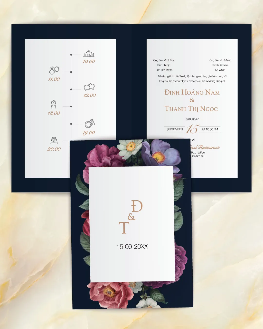 AP Printing - Colorful Dark Bouquet Half Fold Vietnamese & English Wedding Invitation - Custom Printing Services