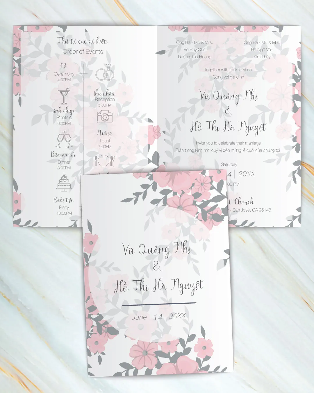 Soft Pink Flowers Half Fold Vietnamese & English Wedding Invitation AP Printing - Soft Pink Flowers Half Fold Vietnamese & English Wedding Invitation - Custom Printing Services