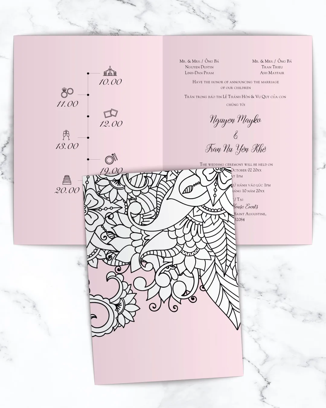 AP Printing - Pink And White Motif Half Fold Vietnamese & English Wedding Invitation - Custom Printing Services