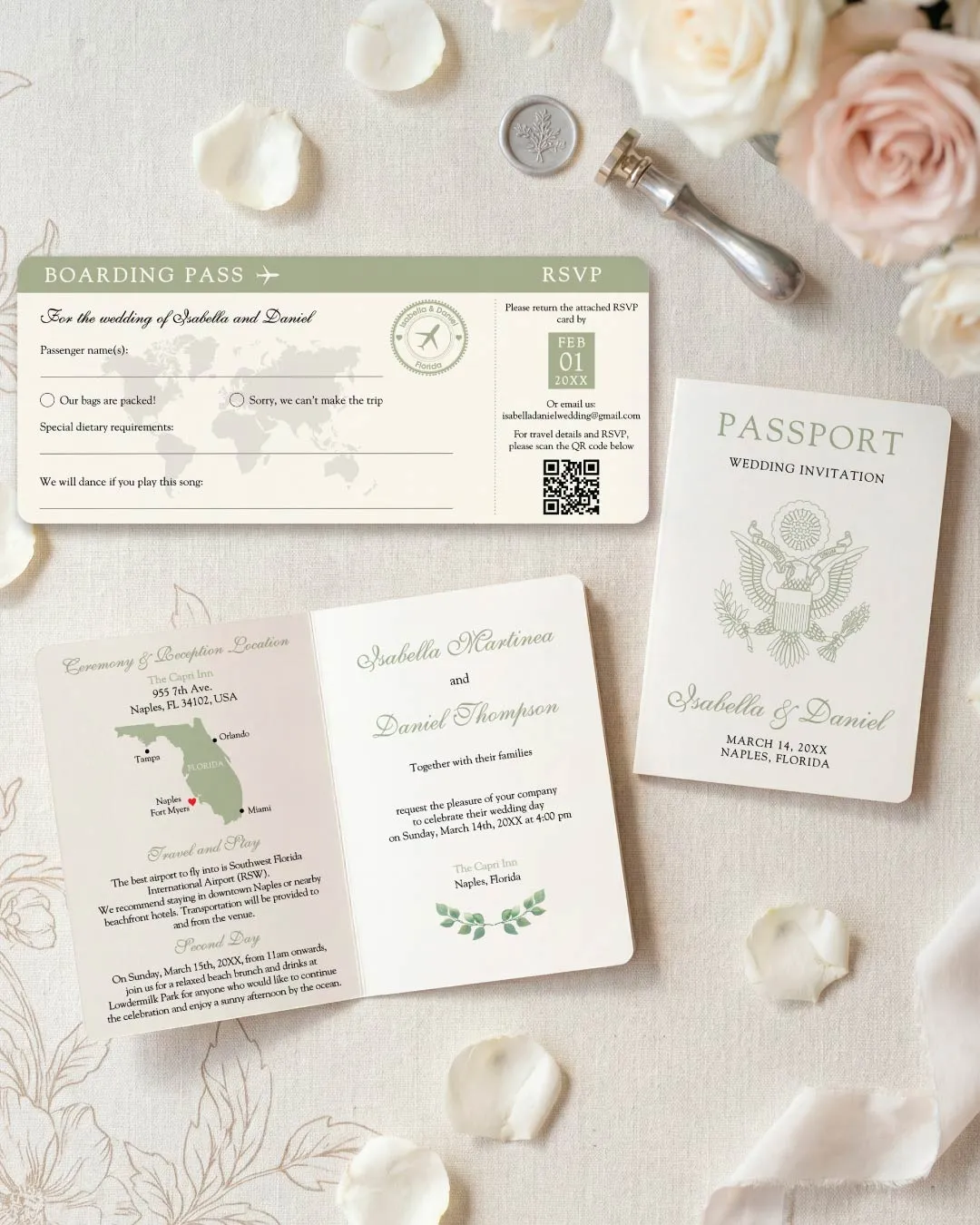 Blue Flowers and Leaves Passport Wedding Invitation