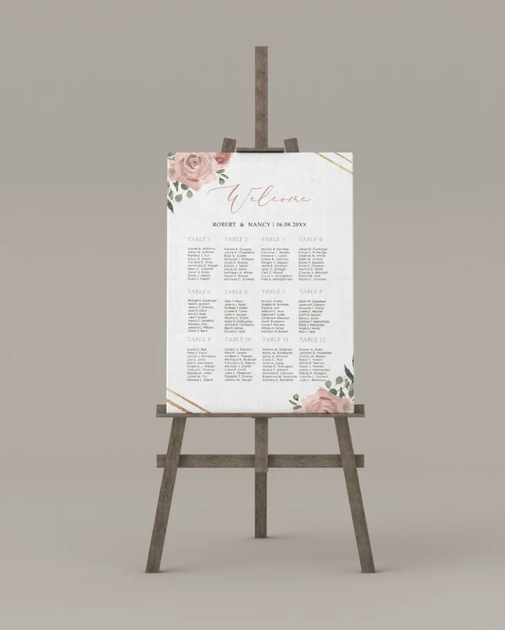 Romantic Rose Gold Seating Chart AP Printing - Romantic Rose Gold Seating Chart - Custom Printing Services