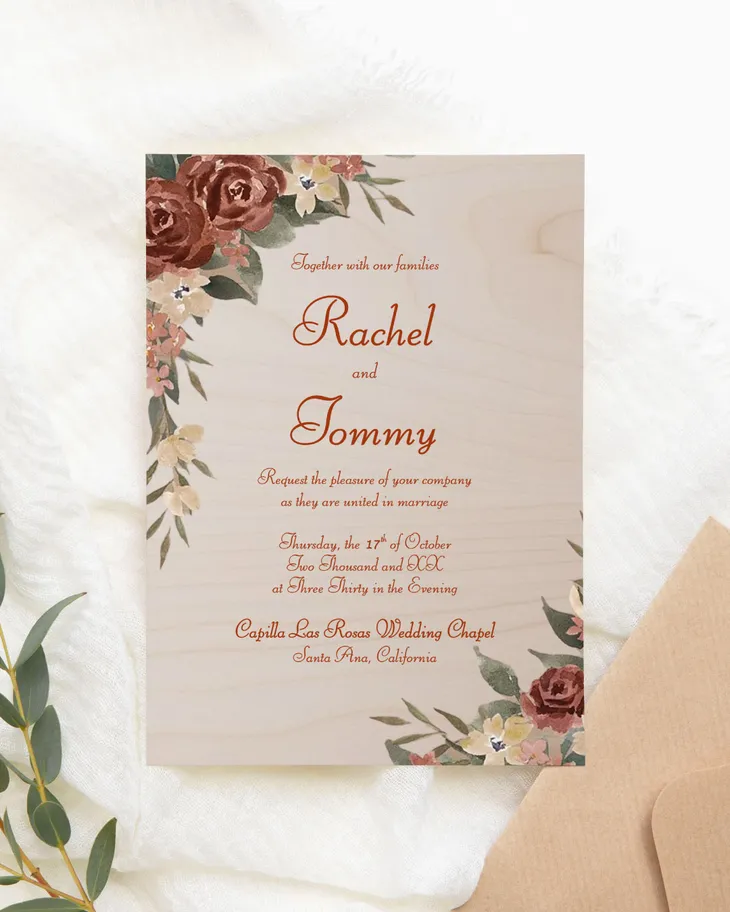 Rustic and Watercolor Flowers Simple Flat 5x7 Wedding Invitation AP Printing - Rustic and Watercolor Flowers Simple Flat 5x7 Wedding Invitation - Custom Printing Services