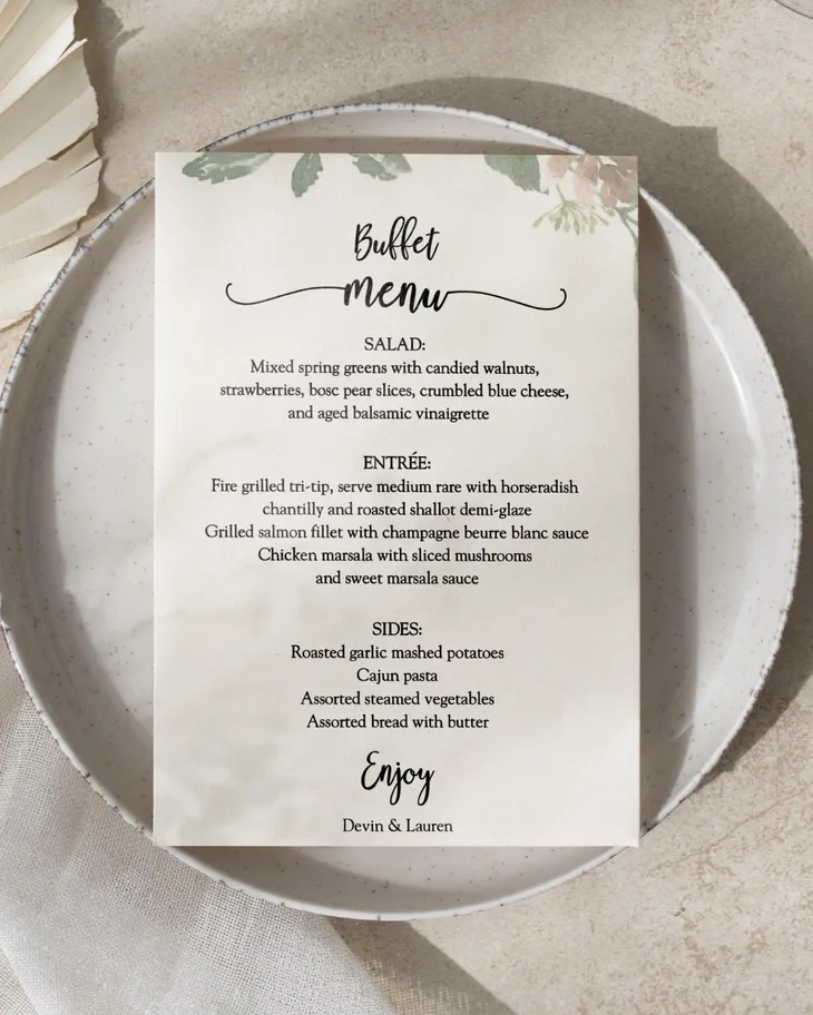 AP Printing - Botanical Buffet Wedding Menu Cards - Custom Printing Services