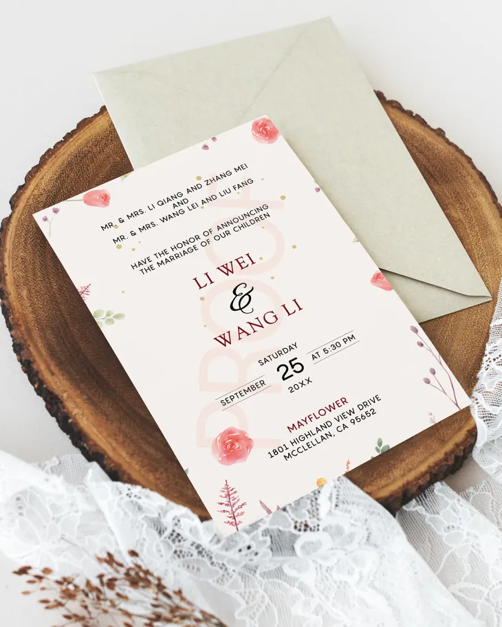 Romantic Blush Bloom Simple Flat 5x7 Wedding Invitation AP Printing - Romantic Blush Bloom Simple Flat 5x7 Wedding Invitation - Custom Printing Services