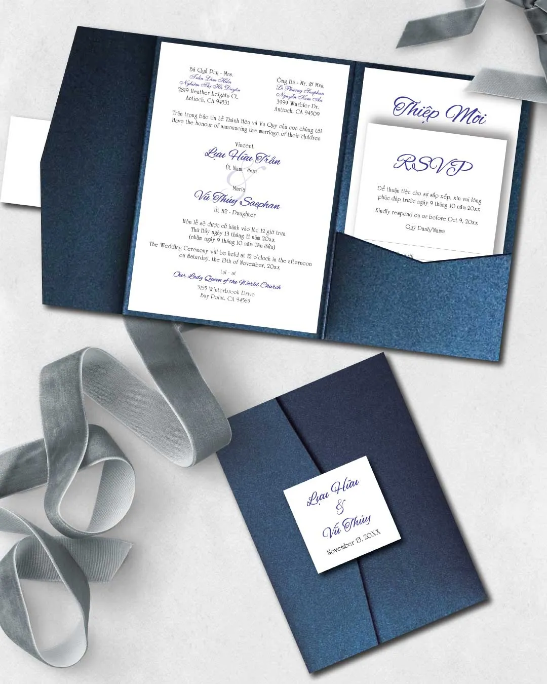 AP Printing - Vibrant Blue Letter A7 Himalaya Pocket Vietnamese & English Wedding Invitation - Custom Printing Services