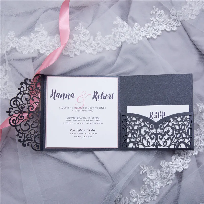 Lace Tri-Fold Embossing and Laser Cut Pocket Wedding Invitation AP Printing - Lace Tri-Fold Embossing and Laser Cut Pocket Wedding Invitation - Custom Printing Services
