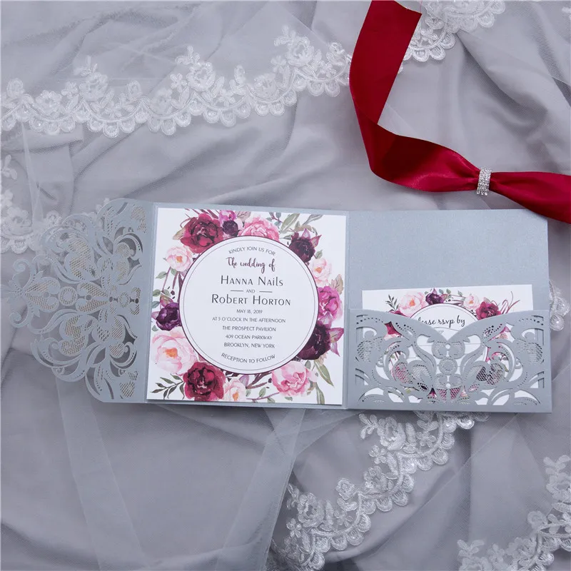 AP Printing - Silver & Floral Tri-Fold Laser Cut Pocket Wedding Invitations - Custom Printing Services