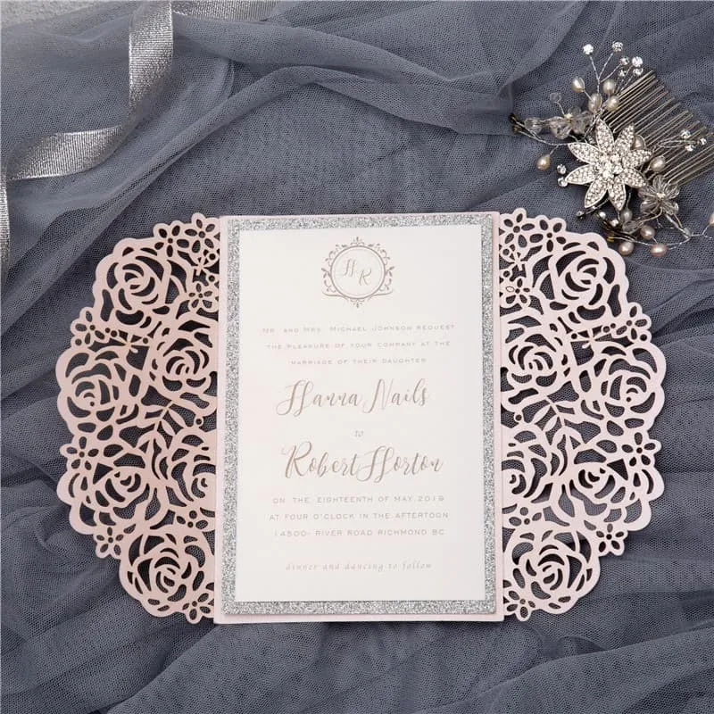 AP Printing - Gorgeous Lace Glittery Laser Cut Wedding Invitation - Custom Printing Services
