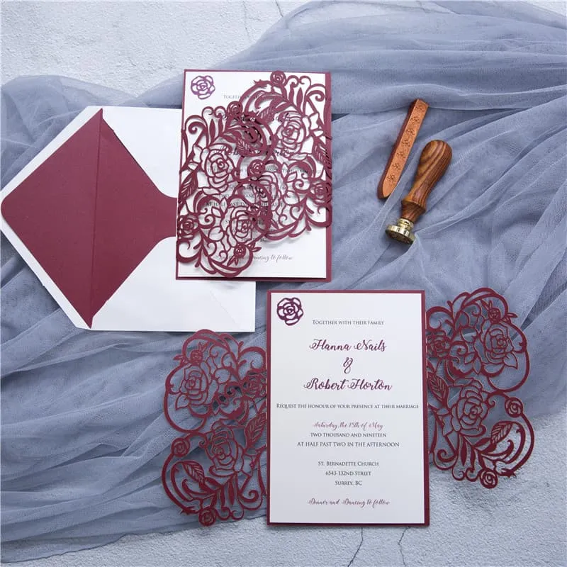 Ivory Lace Tri-Fold Laser Cut Pocket Wedding Invitation AP Printing - Ivory Lace Tri-Fold Laser Cut Pocket Wedding Invitation - Custom Printing Services